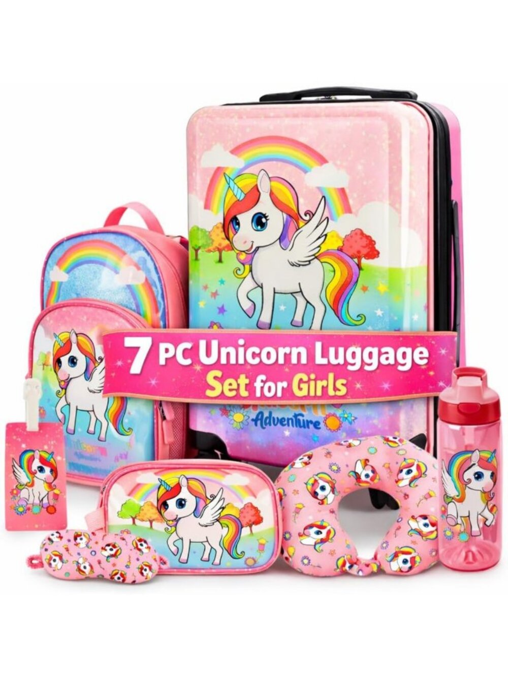 7-Piece Unicorn Luggage Set for Kids - Rolling Suitcase, Backpack, Eye Mask